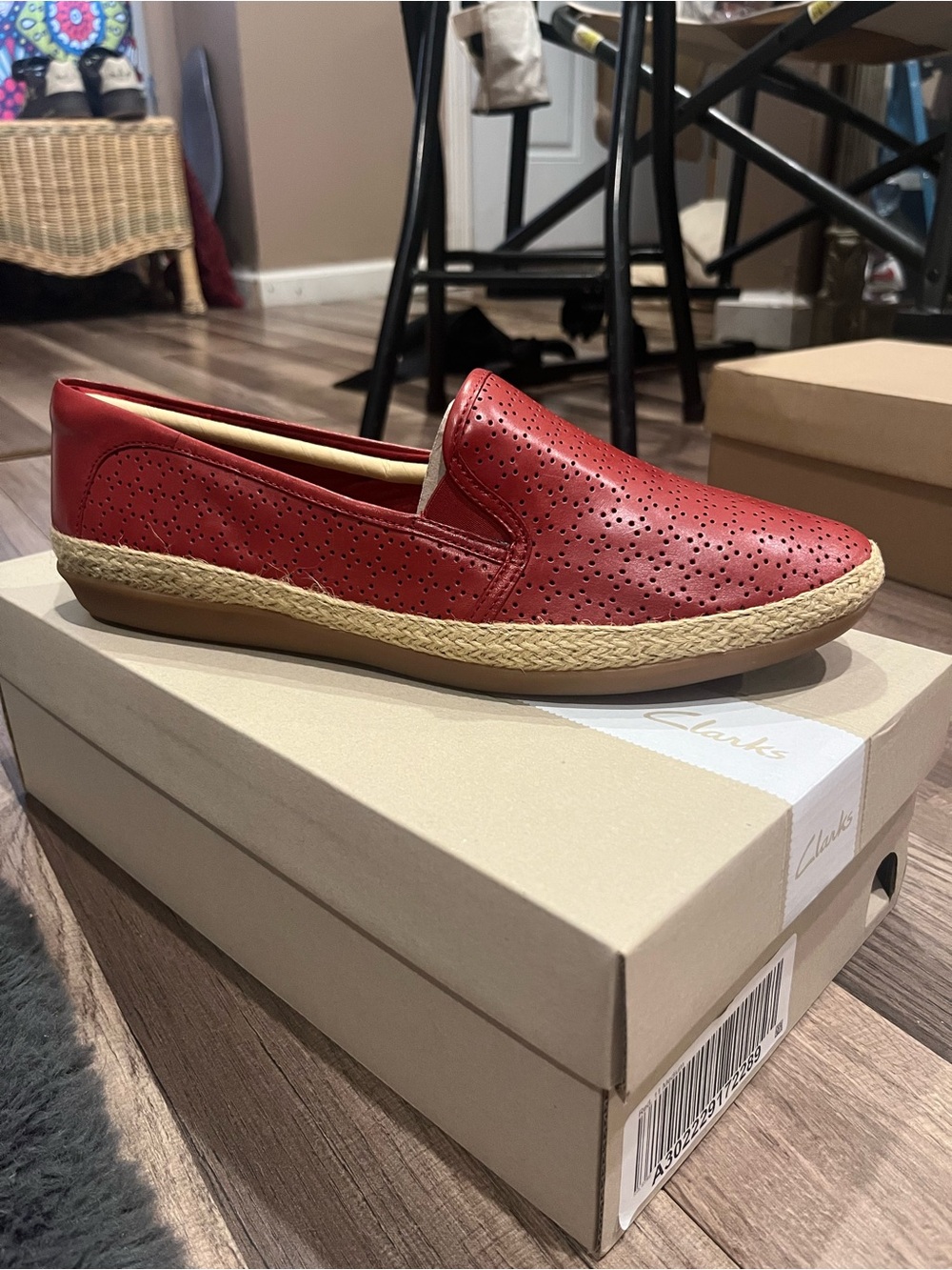 Clarks Red Perforated Slip-On Loafer with Espadrille Trim